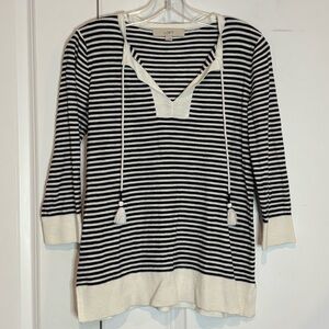 LOFT Navy White Stripe Tassel Tie Lightweight Cotton Sweater S